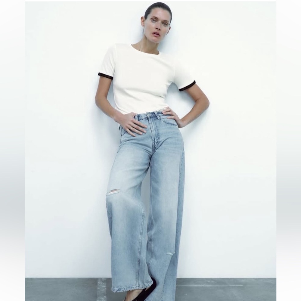 Zara Crochet Contrast Trim Detail Sleeve Shirt